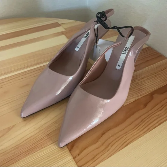 NWT Zara Pink Patent Leather Slingback Pointed Toe Kitten Heels - Picture 2 of 6